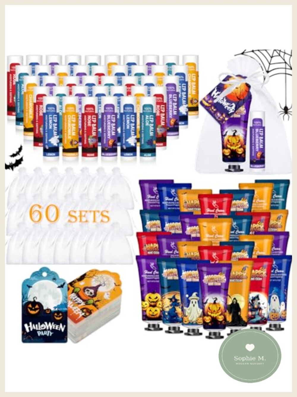 60 Pack Halloween Hand Cream and Lip Balm Gift Set for Women